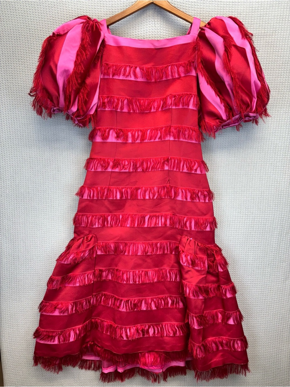 Vtg Handmade Sz L Hot Pink/Red Tiered Fringe Drop Dress Puff Sleeves Party OFAK